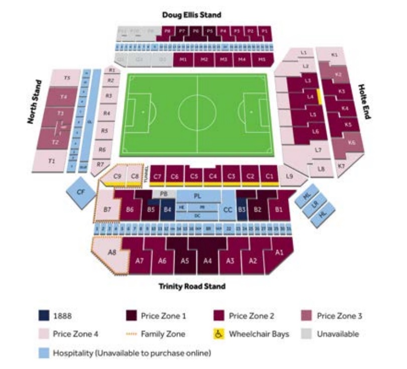 Disabled seating zone map for Villa Park